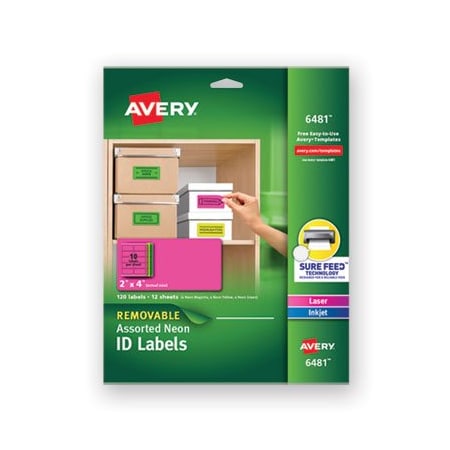 Avery Dennison Avery, HIGH-VIS REMOVABLE LASER/INKJET ID LABELS, 2 X 4, ASST. NEON, 120PK 6481